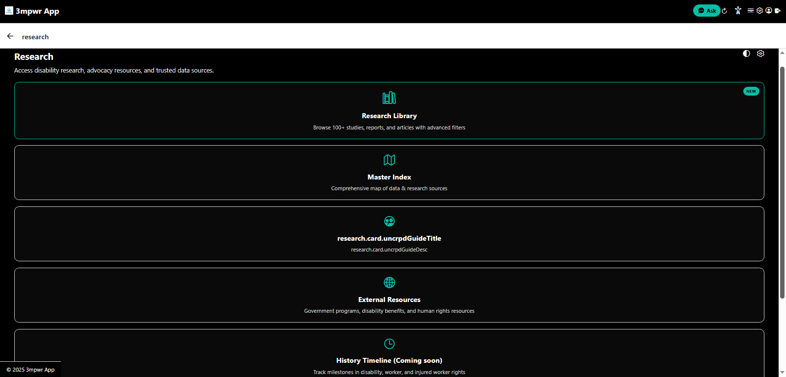 Research tab providing access to disability rights research, legal databases, and advocacy resources - 3mpwrApp