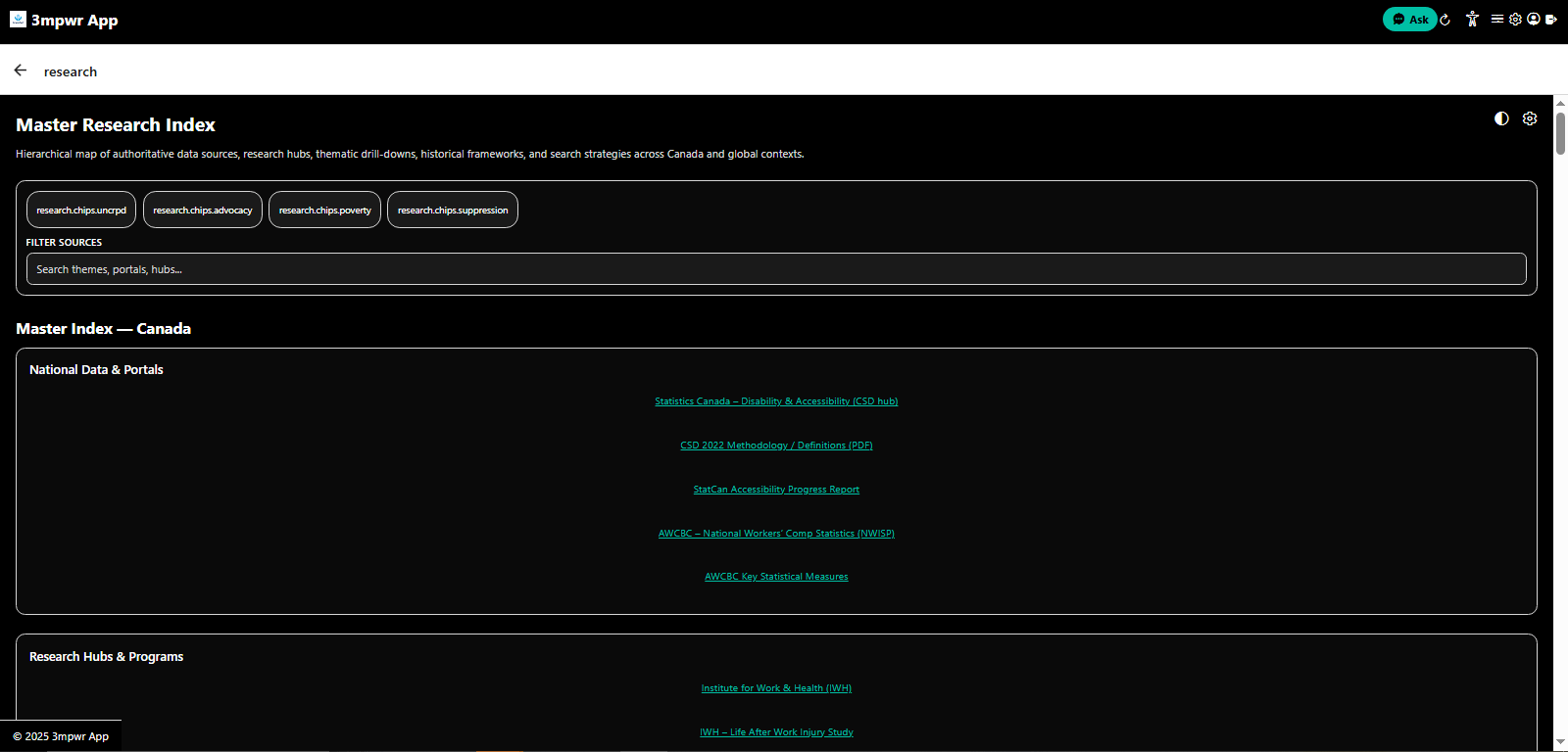 Research tab master index organizing legal research by topic and jurisdiction - 3mpwrApp knowledge base