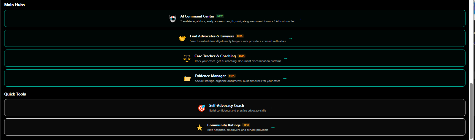 Main advocacy hubs with quick tools for evidence, appeals, and legal action - workers comp case management - 3mpwrApp