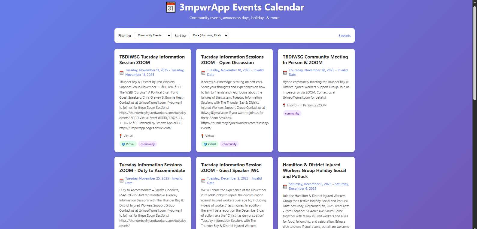 Events calendar month view for planning disability community events and support group meetings - 3mpwrApp