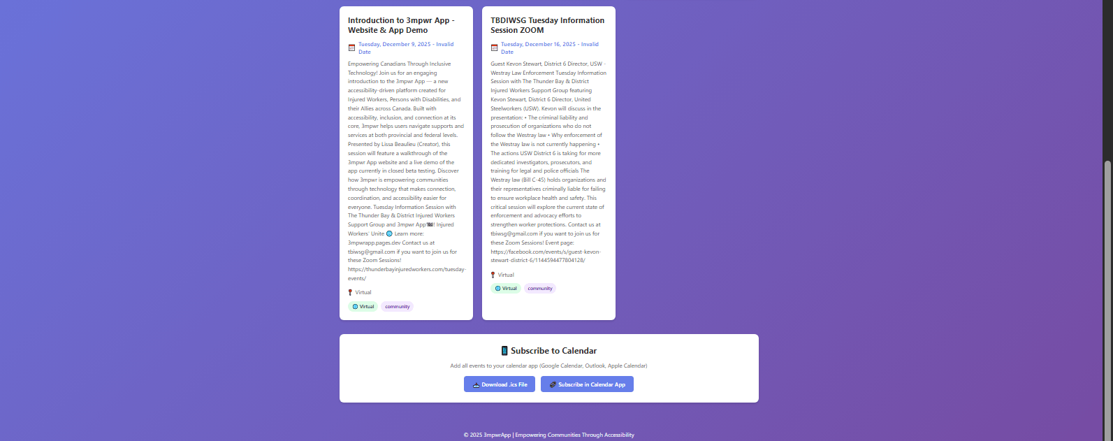 Events calendar week view with color-coded categories and accessibility information - 3mpwrApp events
