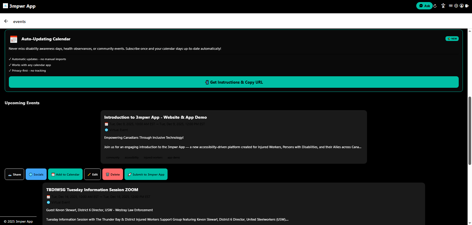 Events tab with detailed event information, accessibility notes, and RSVP options - 3mpwrApp community