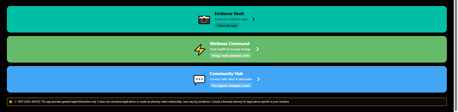 3mpwrApp home screen showing wellness tracking, evidence management, and community support features