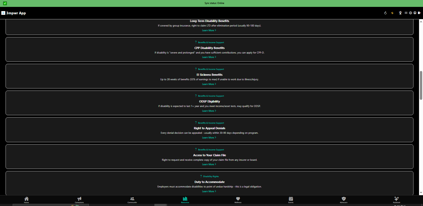 Rights Library detailed view with plain-language explanations and action steps - 3mpwrApp accessibility