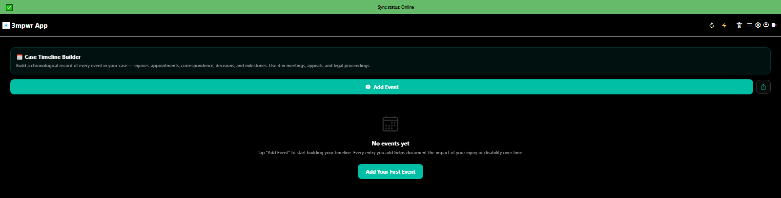 Interactive case timeline builder for documenting injury progression and legal milestones - 3mpwrApp evidence