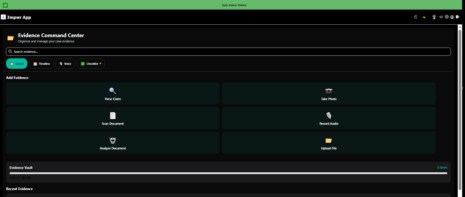 Evidence Command Center encrypted locker for storing medical records, photos, and legal documents - 3mpwrApp security