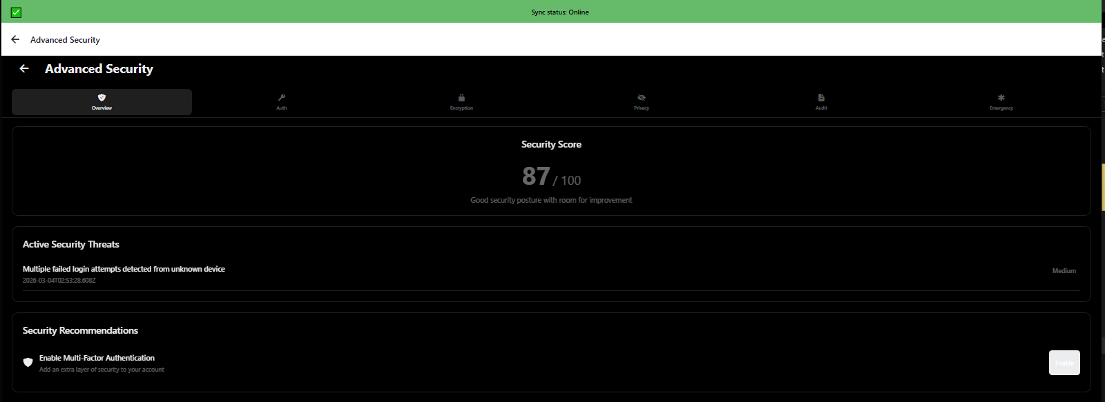 Advanced security settings overview with encryption, air-gapped mode, and data ownership - 3mpwrApp privacy