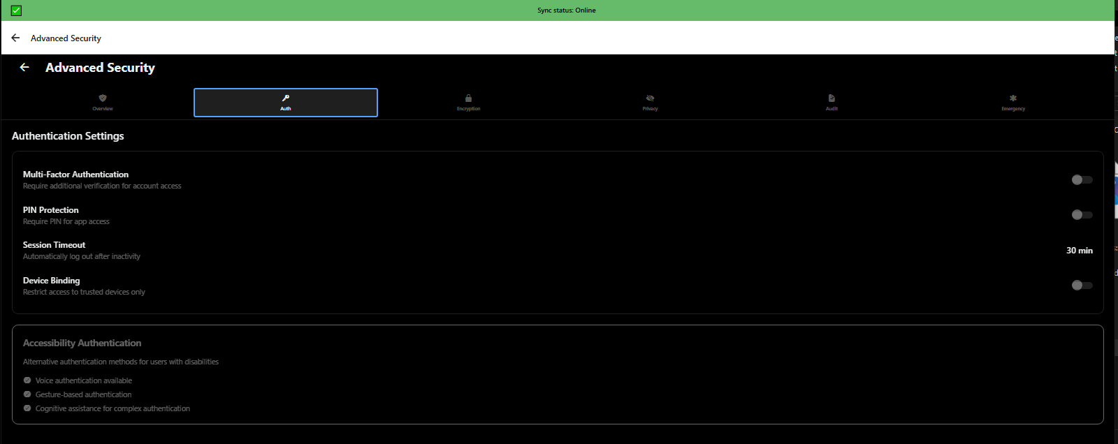 Advanced security authentication settings with biometric login and multi-factor authentication - 3mpwrApp security