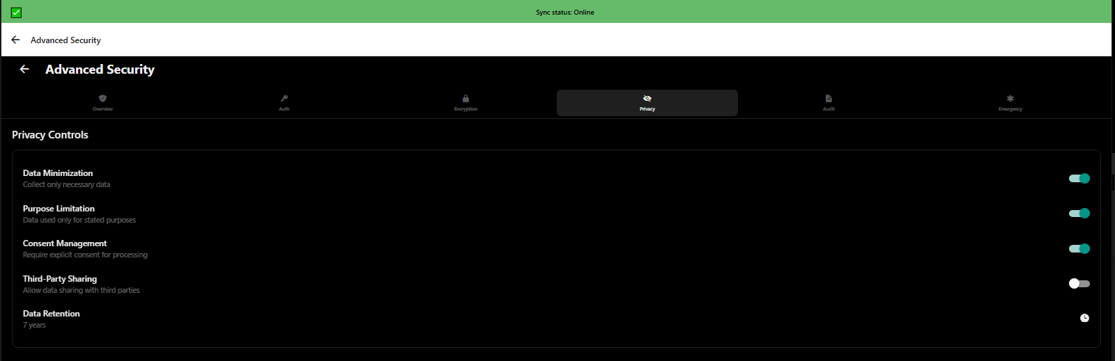 Advanced security privacy settings controlling data sharing and analytics - 3mpwrApp user control