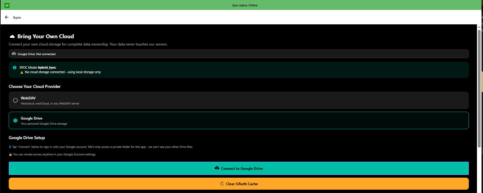 BYOC disconnected status showing local-only data storage - complete privacy - 3mpwrApp offline mode
