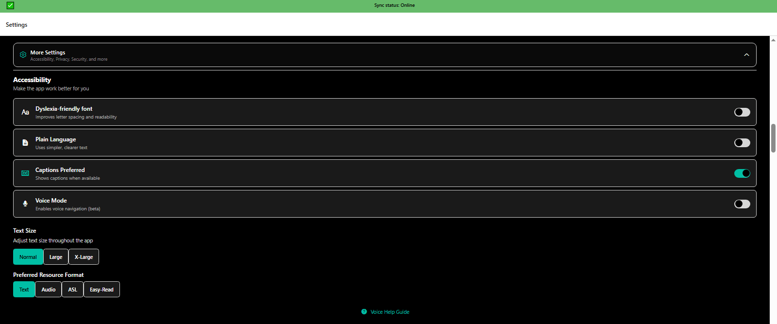 More settings accessibility options including text size, preferred format, and reading level - WCAG AAA - 3mpwrApp