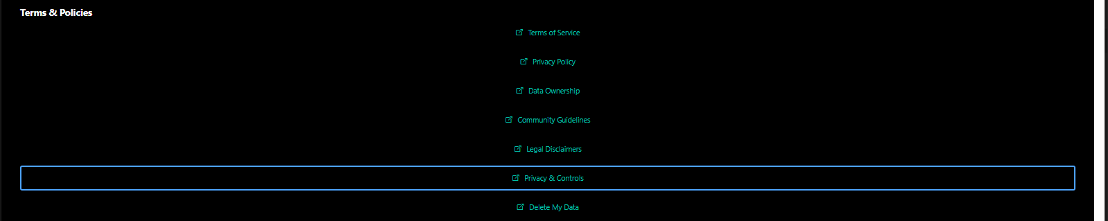 More settings access to terms of service, privacy policy, and legal disclaimers - 3mpwrApp transparency