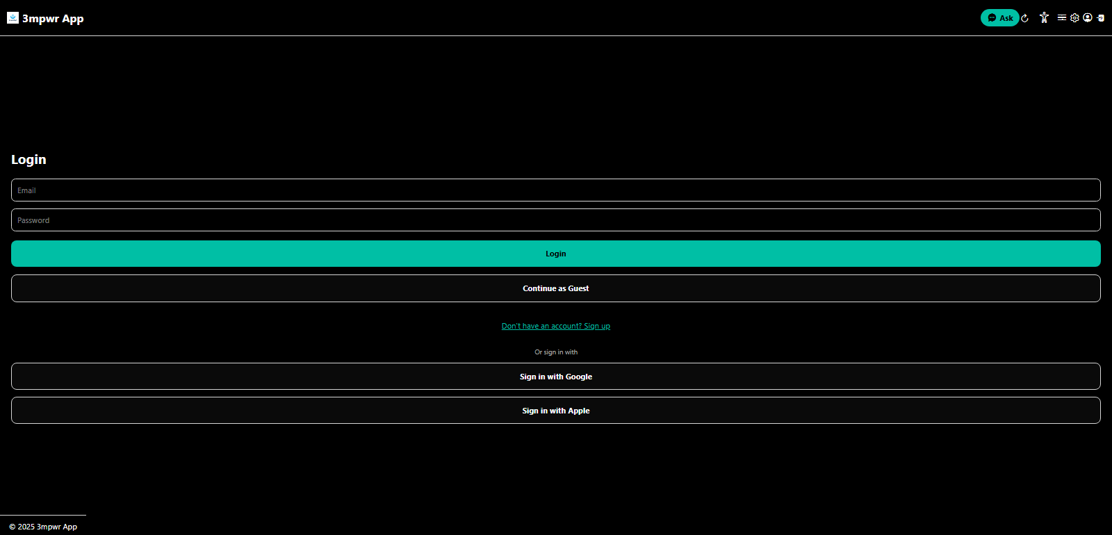 Login or register screen for creating 3mpwrApp account - beta testing access