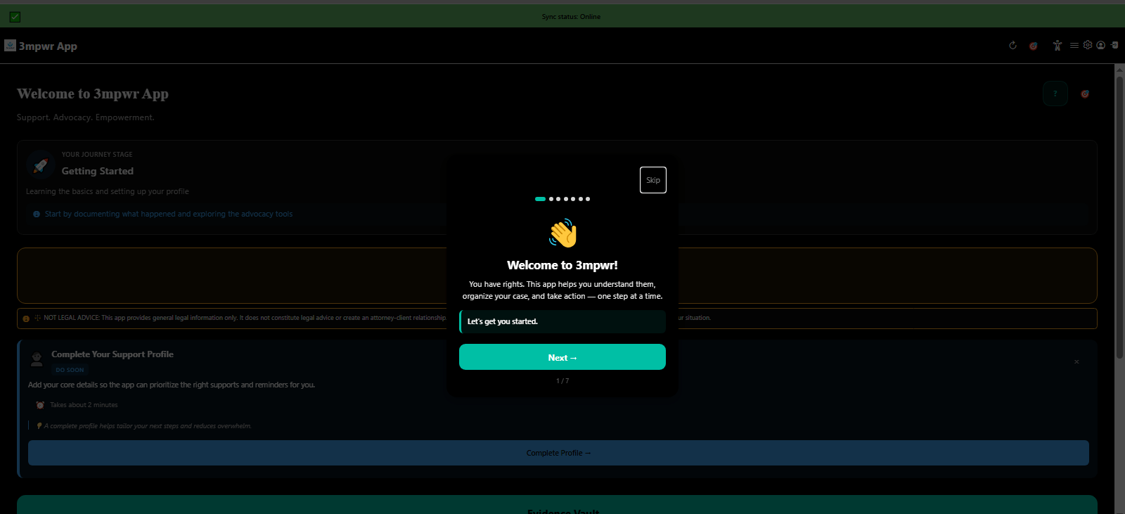 First home screen after onboarding with next steps - 3mpwrApp getting started