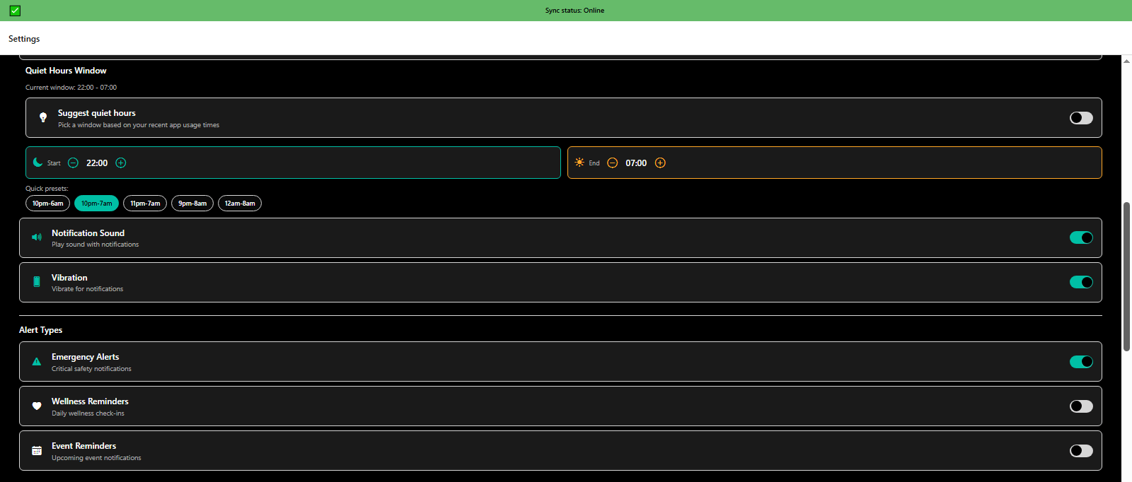 First-time settings: quiet hours and alert type configuration - 3mpwrApp accessibility