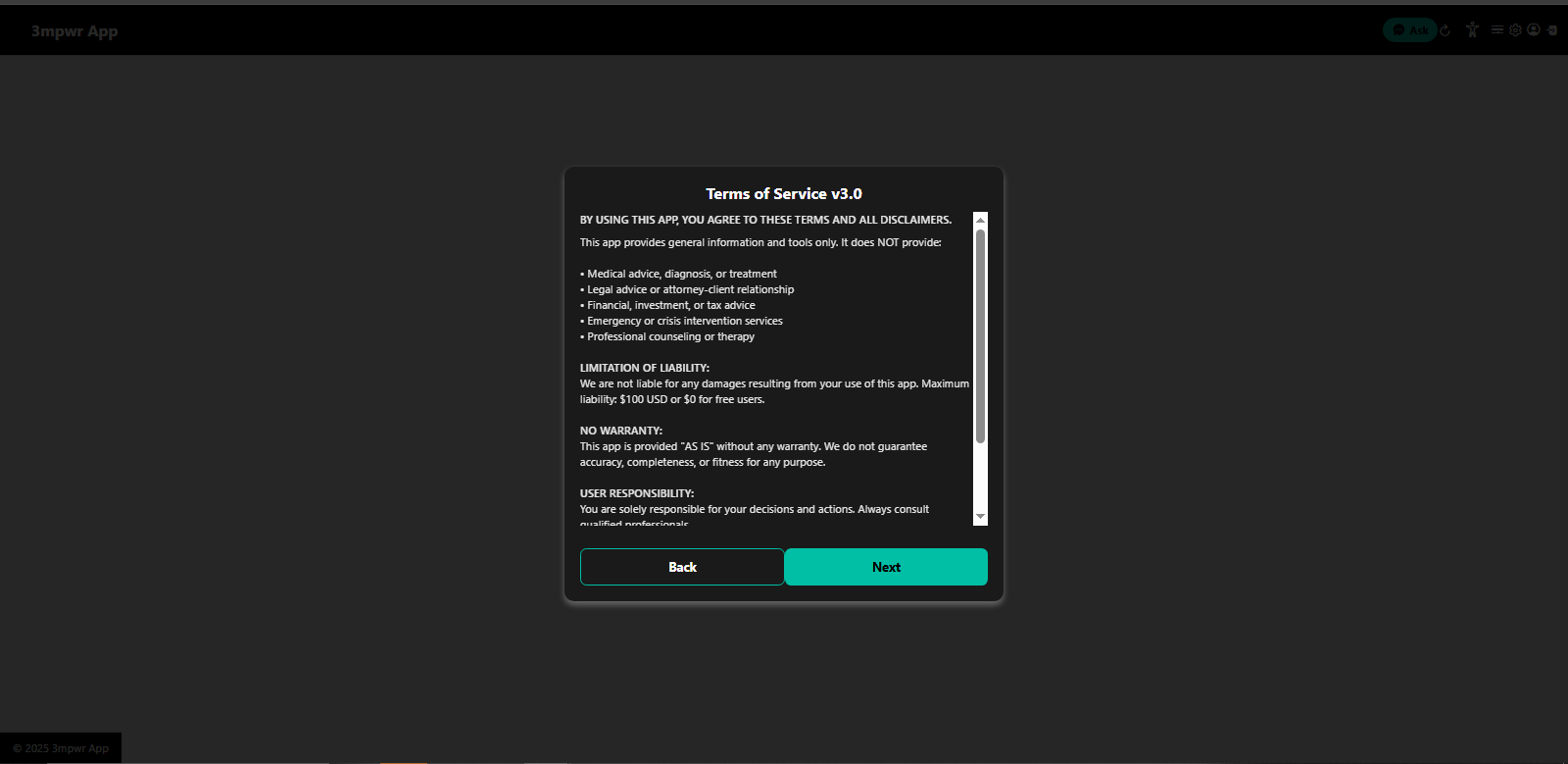 Terms of Service v3.0 - legal agreement for using 3mpwrApp - user agreement