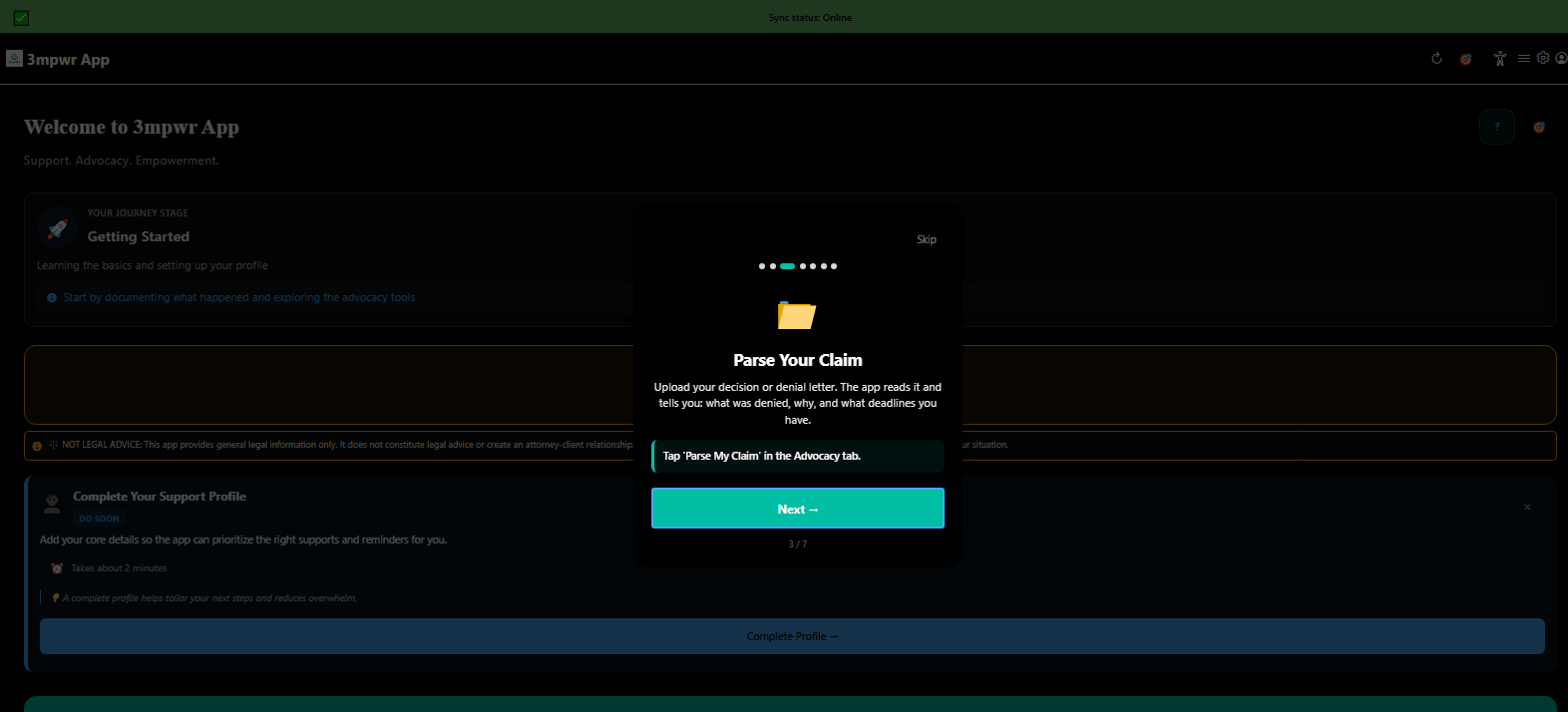 Tutorial screen: parse your workers compensation claim with AI - 3mpwrApp AI tools