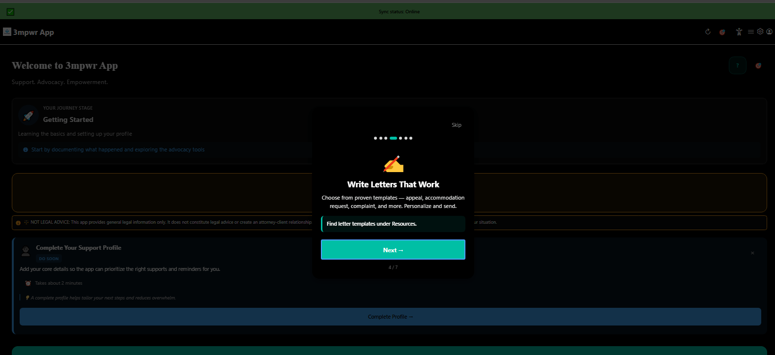 Tutorial screen: write professional appeal letters with AI assistance - 3mpwrApp advocacy