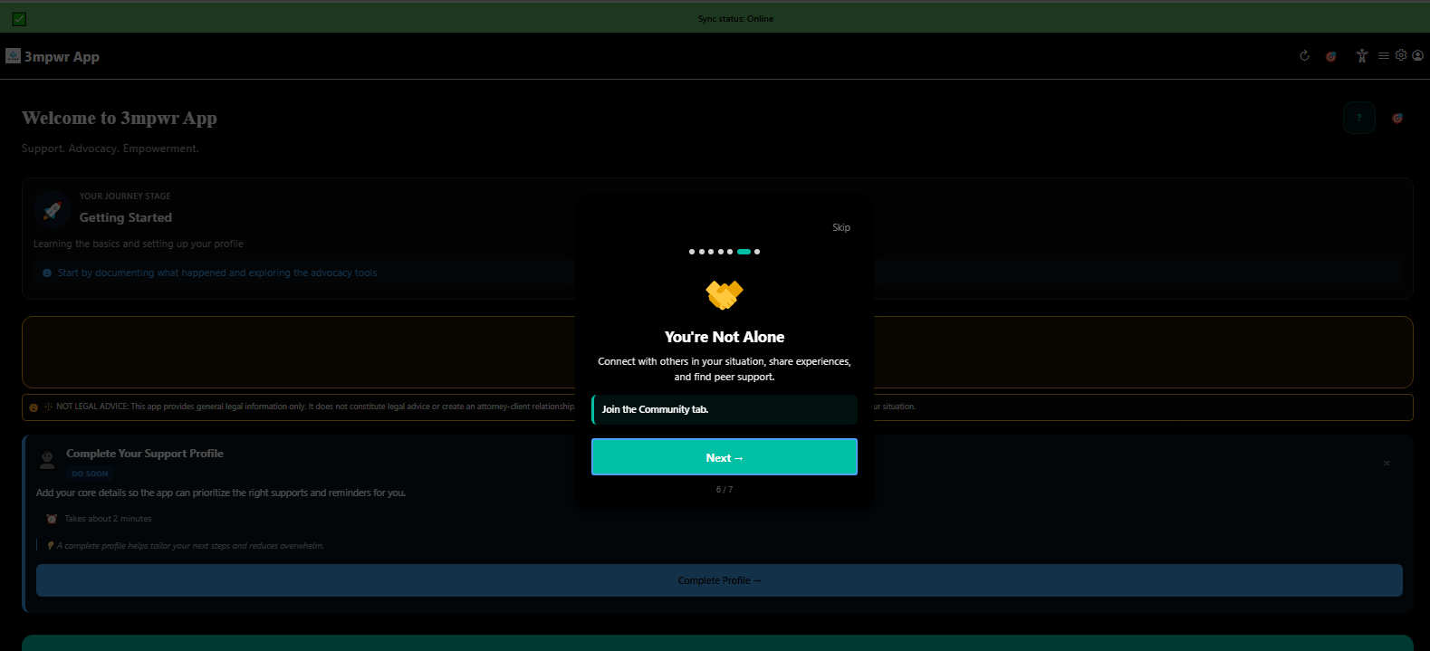 Tutorial screen: you're not alone, join the disability community - 3mpwrApp support