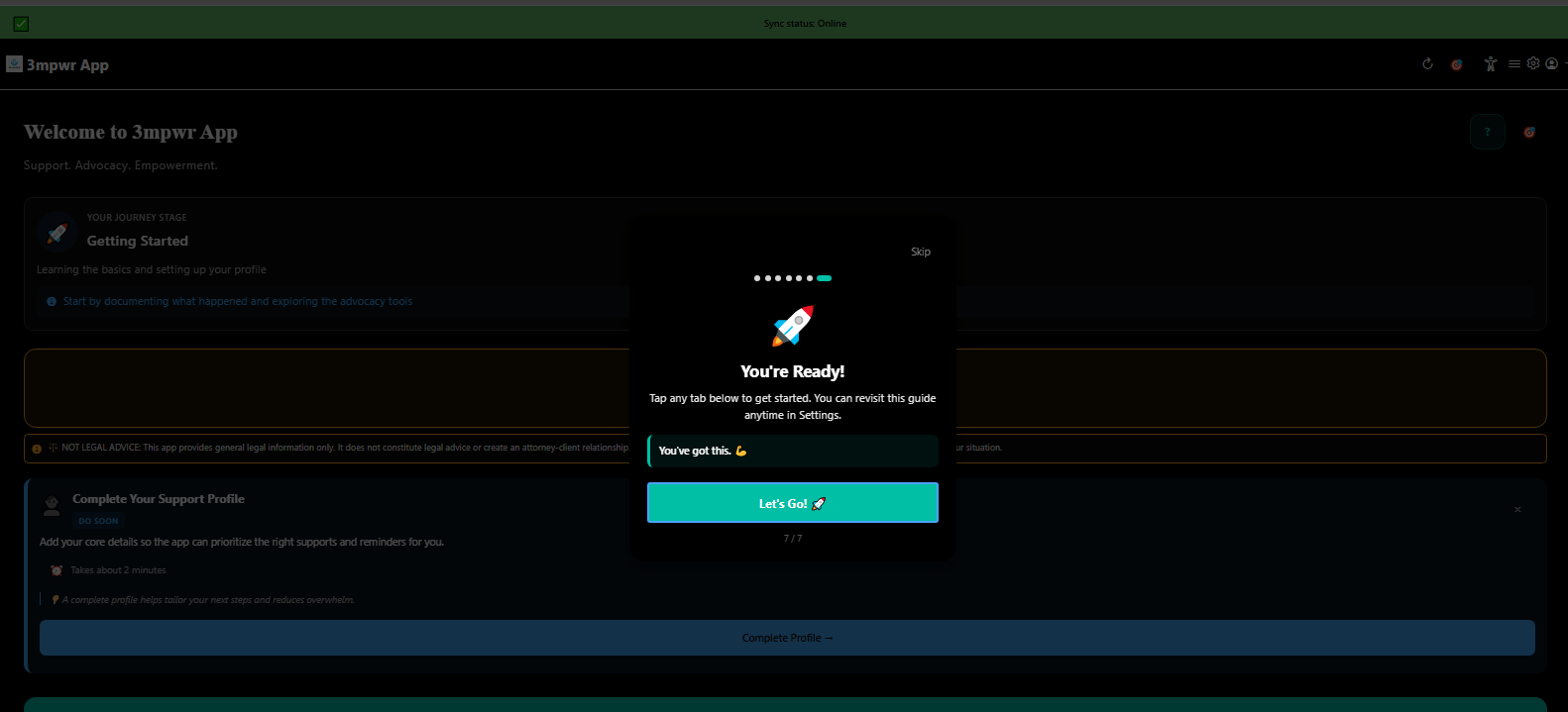 Tutorial complete: you're ready to start using 3mpwrApp - onboarding finished