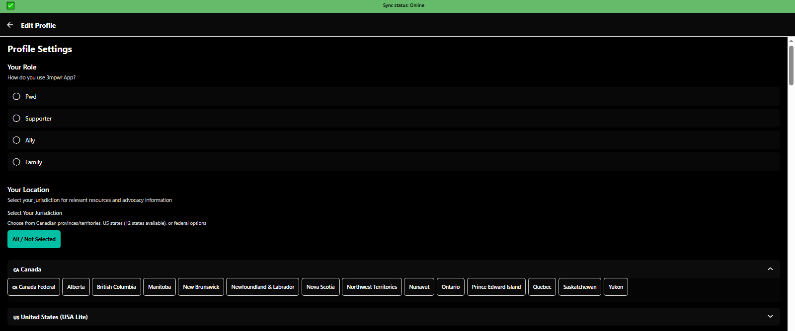 Complete your profile: select role (person with disability, supporter, ally) and location - 3mpwrApp personalization