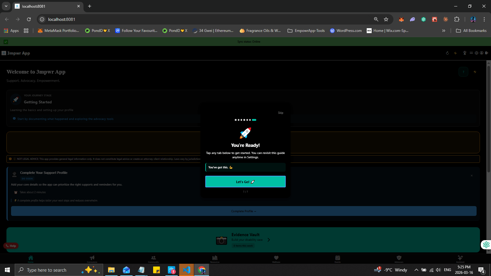 Welcome tutorial step 7 final onboarding step ready to start - 3mpwrApp beta