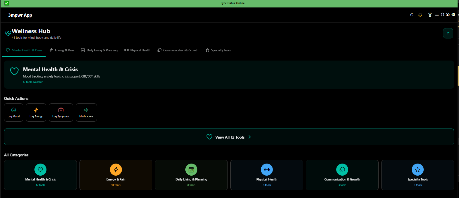 Wellness Hub main interface with 41 tools across 6 categories - chronic pain management, fatigue tracking, mental health support - 3mpwrApp